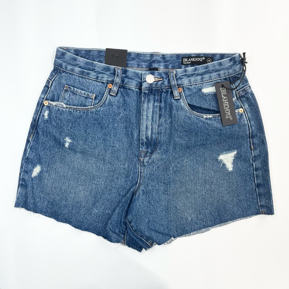Blank NYC The Perry Mom Shorts Raw Hem High Waist Rigid Denim Size 28 NWT